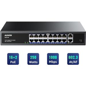18-Port Ethernet Gigabit PoE Switch, 16-Port PoE with 2 Uplink Gigabit Ports, 250W Built-in Power, Metal Casing and 19-inch Rackmount, Traffic Optimization, Plug and Play, Unmanaged(SG518P)