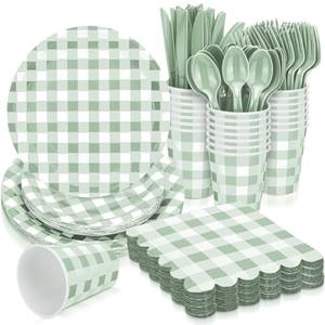Newtay Gingham Party Supplies for Guests Paper Plates Knives Spoons Forks Napkins Disposable Set Cutlery for Checkered Dinner Wedding Party Favor(Sage Green) 