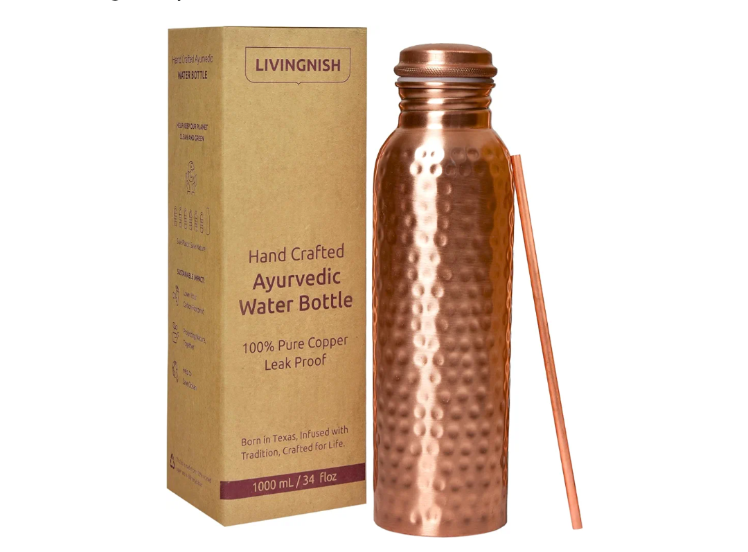 100% Pure Copper Water Bottle for Drinking – Extra Large 34 Oz Wide Mouth, Hammered Ayurvedic Copper Water Bottle with Straw – Handcrafted Leak-Proof Vessel, Reusable & BPA-Free