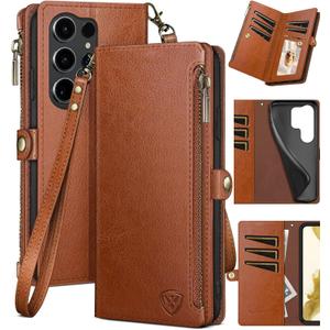 XcaseBar Compatible with Samsung Galaxy S25 Ultra Wallet case with Zipper Credit Card HolderRFID Blocking,Flip Folio Book PU Phone case Shockproof Cover Women Men for S25 Ultra case Light Brown
