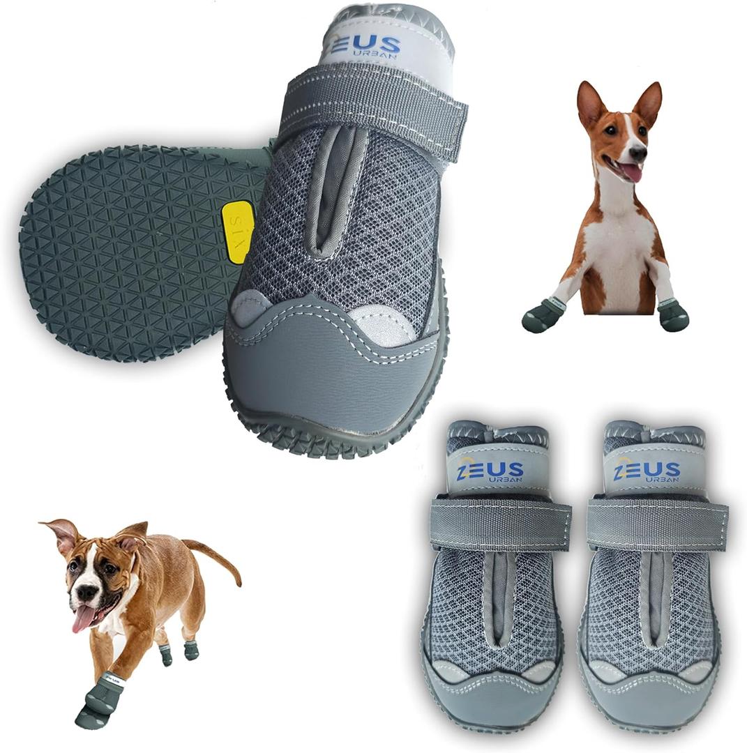Zeus Urban Dog Boots  Breathable Paw Protectors, Anti-Slip Sole (4 Pack, Size 5, Army Grey), for Large Dogs | Hiking, Hot Pavement & Winter Snow | Adjustable Straps with Reflective Safety Design