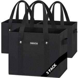 Reusable Grocery Bags 3 Pack - Heavy Duty Reusable Shopping Bags with Hard Bottom & Long Handles, Foldable Utility Tote Bag with Box Shape to Stand Up, 13x10.23x11in, Black