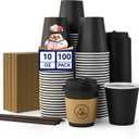 JOLLY CHEF 100 Count 10 oz Coffee Cups with Lids, Sleeves and Stirrers for Home, Office, Kitchen, Cafes, Disposable Hot Paper Cups for all Kinds of Beverages