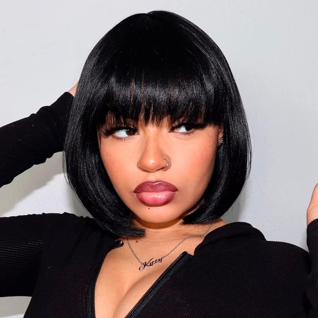 ToyoTress Short Bob Wigs With Bangs - 10 Inch Jet Black Yaki Straight Hair Daily Costume Wig For Black Women, Soft Light Synthetic Hair Replacement Wigs Heat Resistant (10 Inch, #1-613H)
