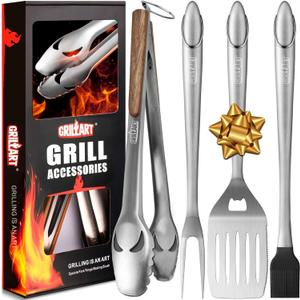 GRILLART BBQ Tools Grill Tools Set -18Inch Grilling Tools BBQ Set - Grill Accessories w/BBQ Tongs, Spatula, Fork, Brush- Stainless Grill Kit Grilling Set - Gift Ideas BBQ Accessories Gifts for Men Dad (Black)