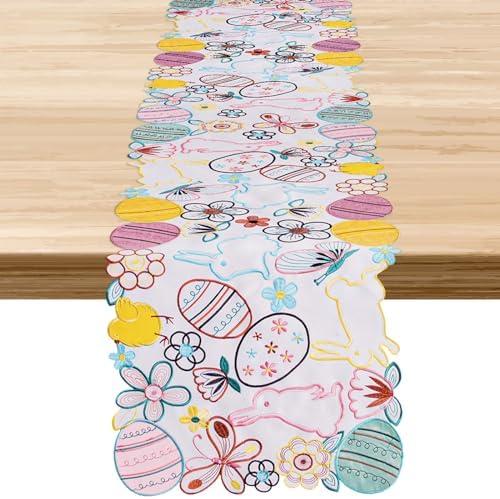 Pack of 2, Easter Decorations Indoor Table Runner - Egg Bunny Embroidered Decor Spring/ Holiday Party Supplies