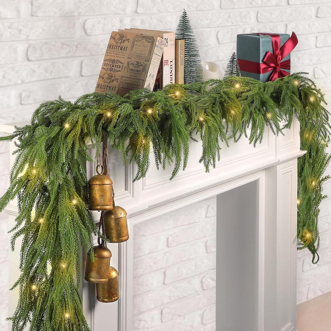 Fovths 1 Pack 9 Feet Christmas Norfolk Garlands Set Artificial Faux Greenery Garland 4 Cow Bell with Jute Hanging Rope Light String Winter Pine Garland for Xmas Indoor Holiday Decor, Green