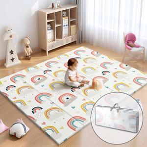 Noonkty 79x71 Extra Large Baby Play Mat for Floor, Foldable Foam Playmat for Babies 0-12 Months & Kids, Non-Toxic Waterproof Baby Mat for Floor, Thick Playpen Mat for Tummy Time Crawling, New Rainbow