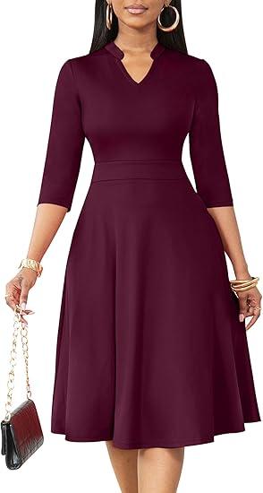Nmoder Casual Dresses for Women Semi Formal Fit and Flare 3/4 Sleeve A-line Church Work Dress with Pockets No Size
