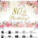 Happy 80th Birthday Backdrop Pink Watercolor Floral Golden Curtains Backdrop for Women Grandma Theme Birthday Party Decorations Banner Stylish Photography Background Studio Props 7x5ft