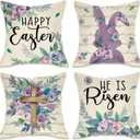 Fahrendom Happy Easter Bunny Christian Decorative Throw Pillow Covers 18 x 18 Set of 4, Religious He is Risen Cross Rabbit Porch Outdoor Pillowcase, Spring Purple Rose Flower Cushion Case Home Decor