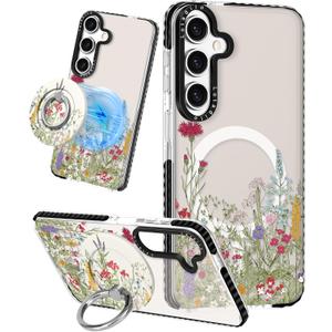 Cute Case for Samsung Galaxy A16 for Women Girls - Funny Wild Floral Design Compatible with Magsafe Magnetic Ring Holder Kickstand Fashion TPU Phone Covers