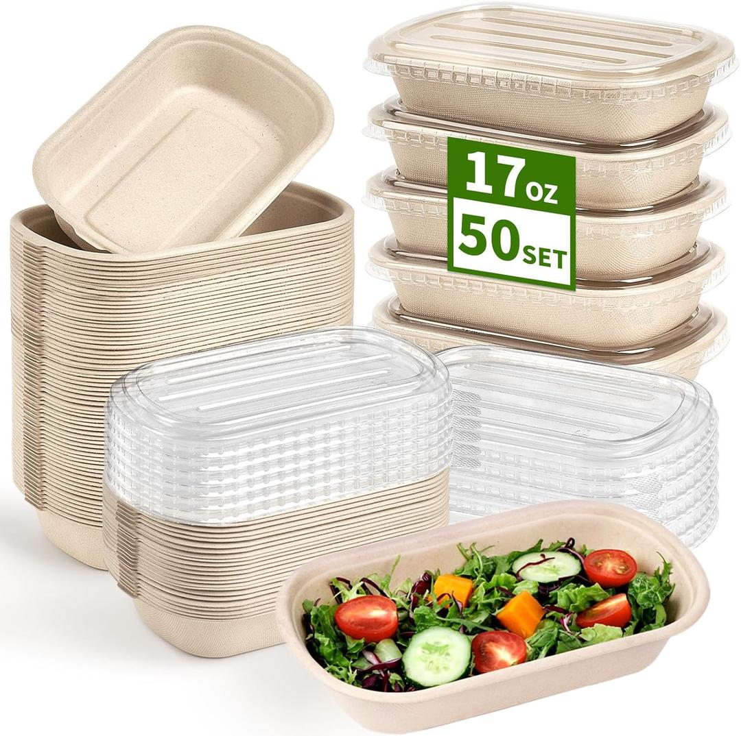 Ocmoiy 50 Pack 17 Oz Disposable Paper Meal Prep Food Containers with Lids for Salad, Lunch, Pasta, Burrito, Chipotle, Leftovers, Take Out, Microwaveable and Freezable, 50 Bowls 50 Lids