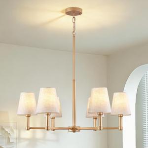 6-Light Gold Chandelier for Dining Room Light Fixture 29.9" Modern Farmhouse Chandeliers with Linen Shade Industrial Hanging Pendant Light for Kitchen Island Foyer Entryway Living Room Bedroom, E12