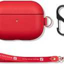 Pack of 2  FooYin Portable AirPods Pro Case with Keychain Strap and Carry Clip, Full Grain Leather AirPods Pro Case Cover with Protective Microfiber Lining Design - Red