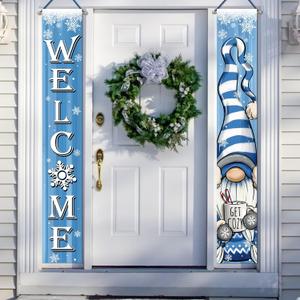 Deroro Welcome Winter Blue Gnome Porch Banner Sign, Snowflakes Hot Cocoa Front Door Decorative Hanging Welcome Banner Flag, Christmas Get Cozy Seasonal Decoration Home Outdoor Yard Decor