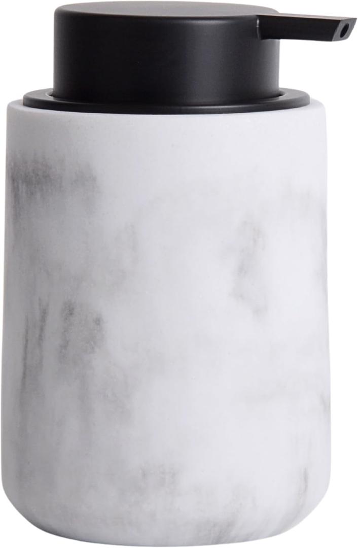 Resin Hand Soap Dispenser Easy-to-Press Liquid Pump, Refillable Soap Dispenser with White Marble Look, Waterproof Bottle Labels for Bathroom Kitchen Dish Lotion (White, 10 oz)