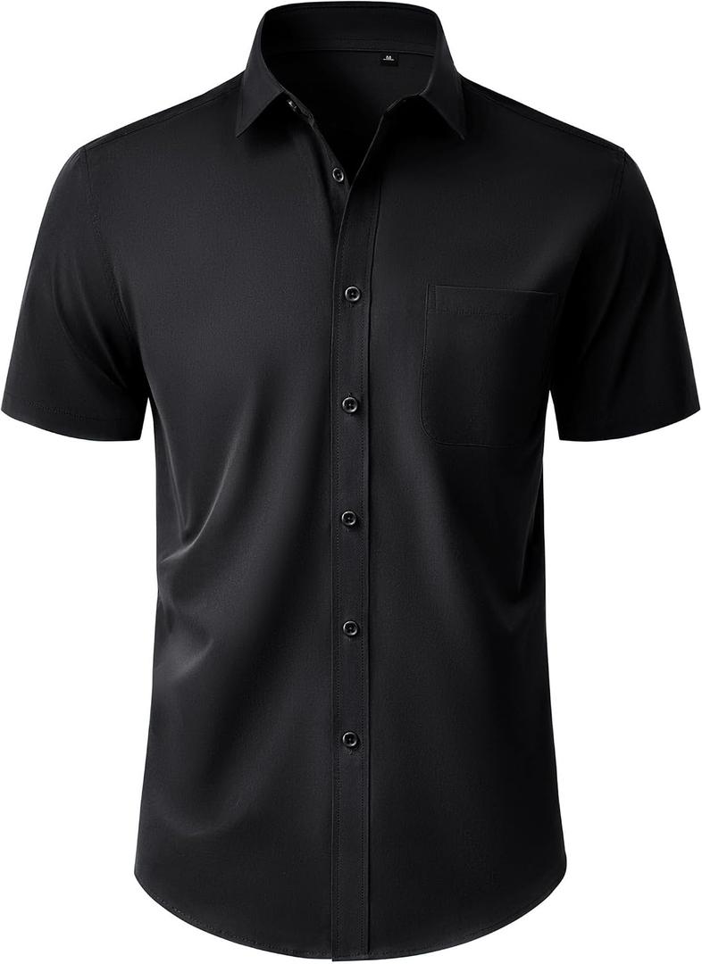 Alimens & Gentle Mens Short Sleeve Dress Shirt Wrinkle Free Wedding Business Casual Summer Button Down Shirt with Pocket (Black, M)