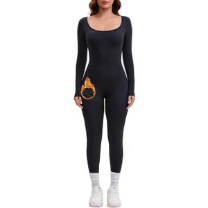 AEEZO Womens Fleece Lined Scoop Neck Long Sleeve Jumpsuit Thermal Sexy Tummy Control Ski Snow One Piece Bodycon Playsuit (Black, M)