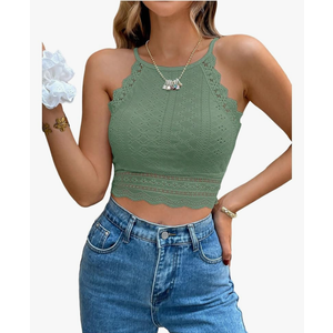 WDIRARA Women's Eyelet Halter Crop Top Lace Embroidery Slim Fitted Tops. Size Small
