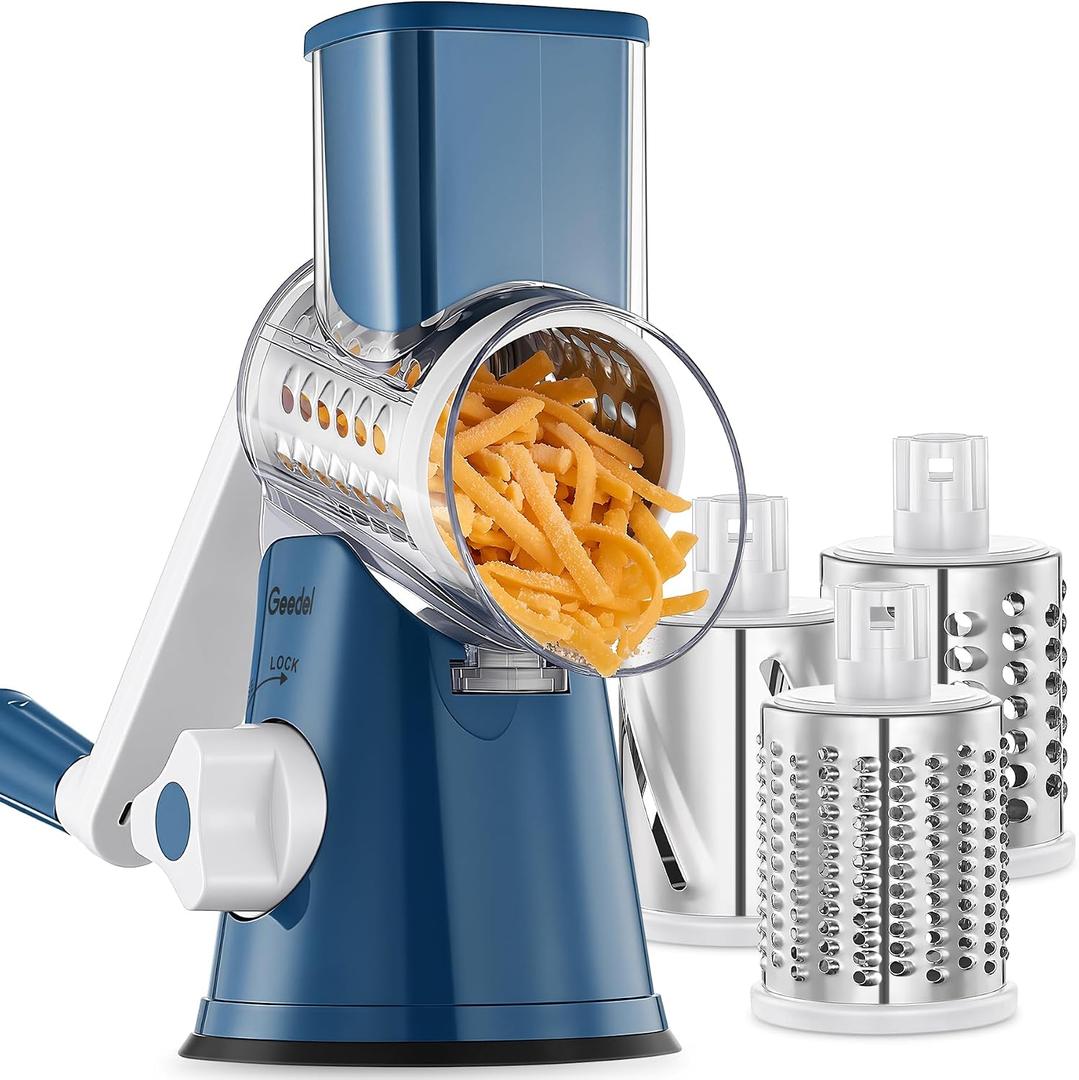 Geedel Rotary Cheese Grater, Kitchen Mandoline Vegetable Slicer with 3 Interchangeable Blades, Easy to Clean Rotary Grater Slicer for Fruit, Vegetables, Nuts