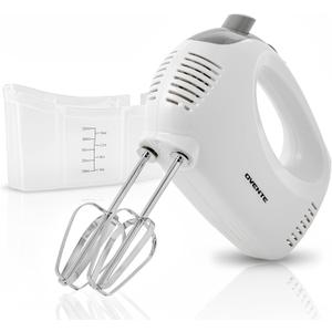 OVENTE 5-Speed Corded Electric Hand Mixer with Stainless Steel Whisks, Compact Portable Design with Snap-On Storage Case,150W Lightweight Handheld Mixer for Baking & Cooking, White HM151W
