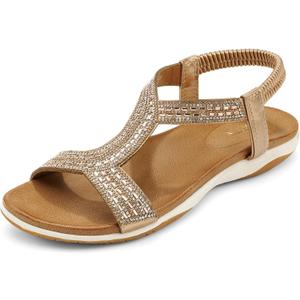 UBFEN Flat Sandals For Women Dressy Arch Support Comfortable Casual Sandal With 2026 Rhinestone Braid Elastic Strap Summer Vacation (Gold, M)