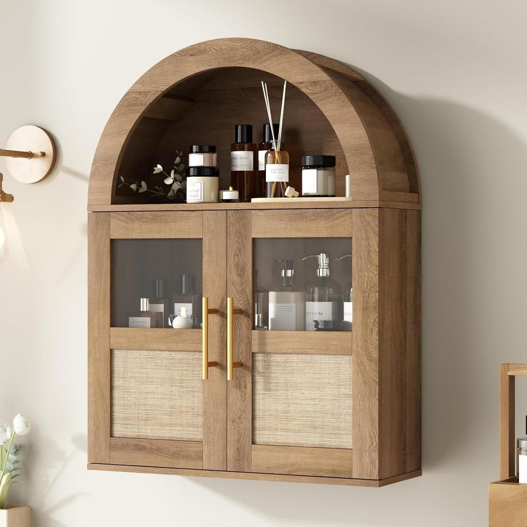 RUSTOWN Arched Bathroom Wall Cabinet, Rattan Medicine Cabinet with 2 Glass Doors, Farmhouse Over the Toilet Storage Cabinets with Adjustable Shelves, 3-Tier Wall Mounted Cabinets