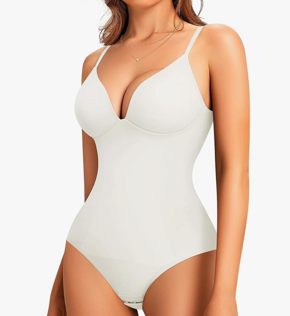 LODAY Shapewear Bodysuits for Women Deep V Neck Body Suit with Built in Bra S