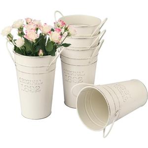 5 PCS 8 Inch Tall Rustic Galvanized Flower Vases, Farmhouse French Buckets for Beautiful Floral Arrangements, Home Decor or Weddings and Events