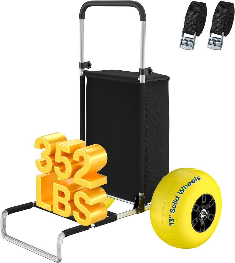 Never Flat Heavy Duty Beach Wagon – 13" Solid TPU Wheels, 352 lbs Capacity,Foldable Aluminum Wagon Dolly Buggy,Quick Fold,Adjustable Handle,All-Terrain Cart for Sand,Camping, Fishing & Outdoor,Yellow