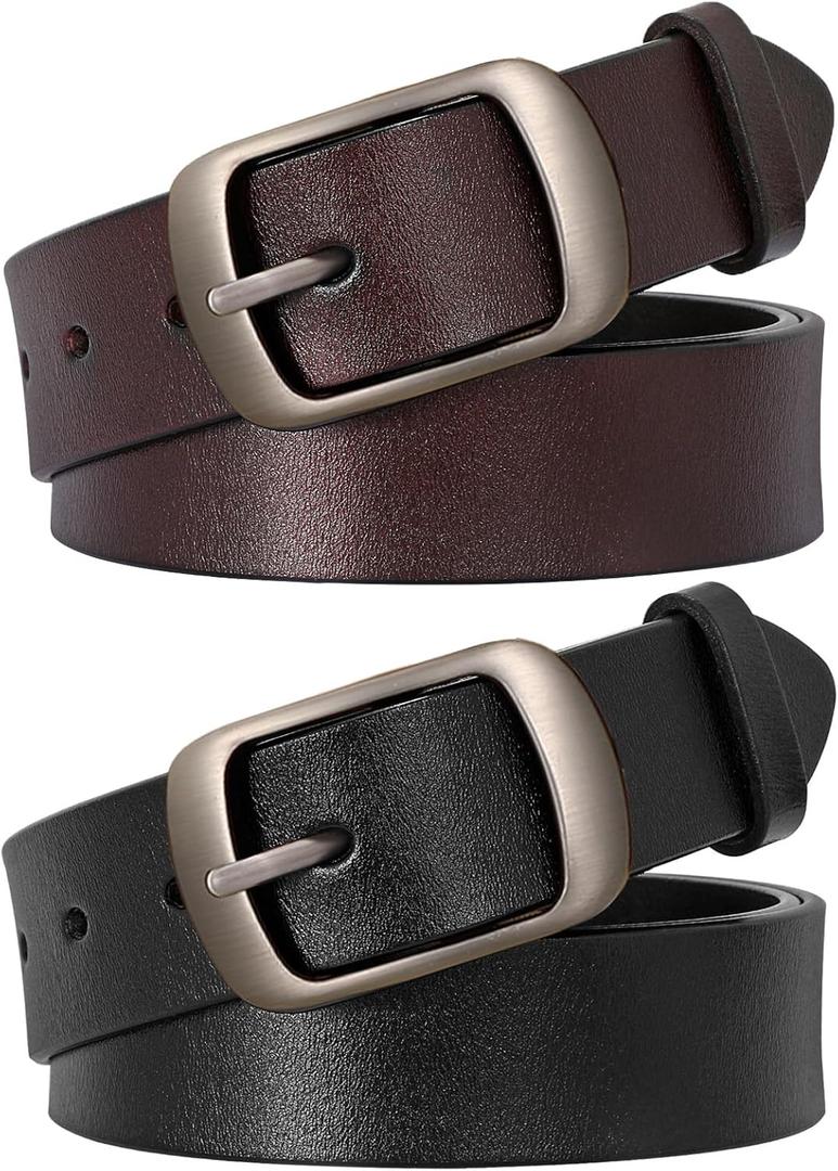 SUOSDEY Women Belts For Jeans Dresses Pants Ladies Leather Waist Belt with Elegant Buckle, Width 1.3" (01-two Pack: Black+coffee)