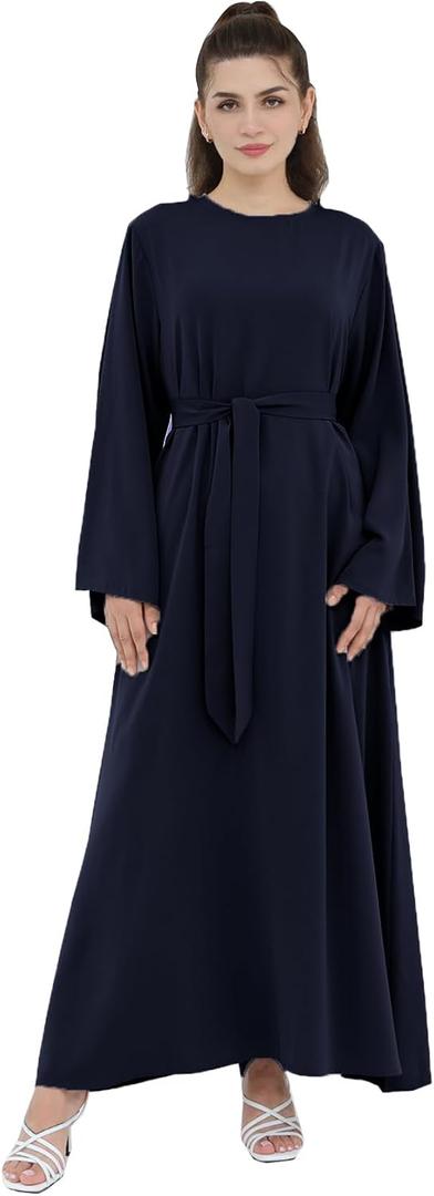 Women Long Abaya Dress with Belt Muslim Bell Sleeve Robe Islamic Maxi Prayer Jilbab (Blue, M)
