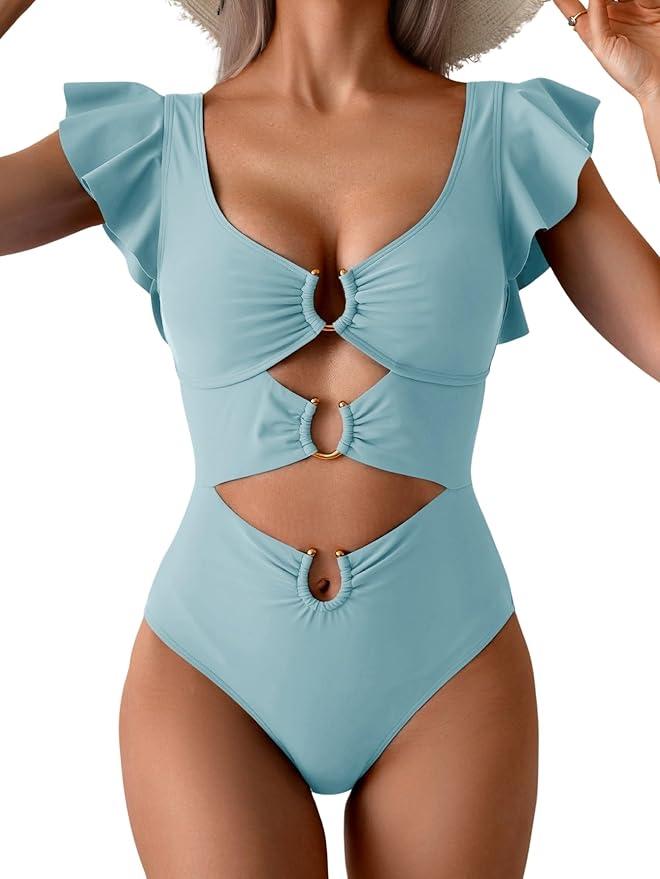 B2prity Women One Piece Swimsuit Tummy Control Ruffle Sleeve V Neck Bathing Suit Cutout Sexy High Waisted Monokini 2XL