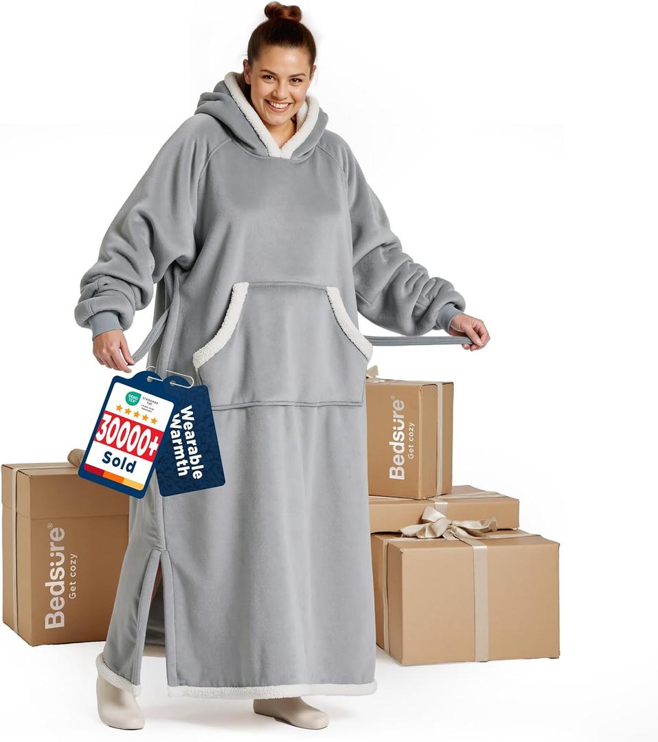 Bedsure Wearable Blanket Hoodie, Long Hooded Blanket Sweatshirt as Christmas Birthday Gifts for Women, Cozy Sherpa Hoodie for Adult, Standard, Grey