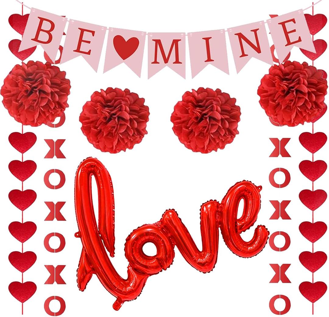 Valentines Day Decorations, Pre-Assembled Hanging Heart and XO Garlands, Be Mine Love Banner, Red Love Foil Balloon and Paper Ball, Valentine's Day Party Decor for Home Classroom Office