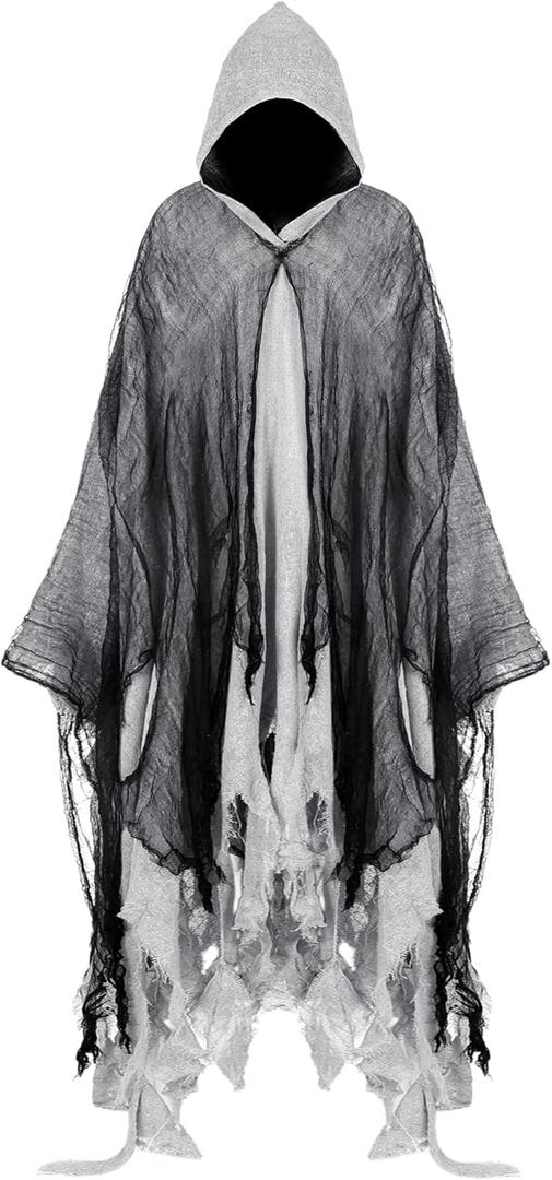 Geyoga Grim Reaper Costume Scary Hooded Cape Witch Costume Hooded Cape for Adult Women Man Cosplay Props (Large, Gray)