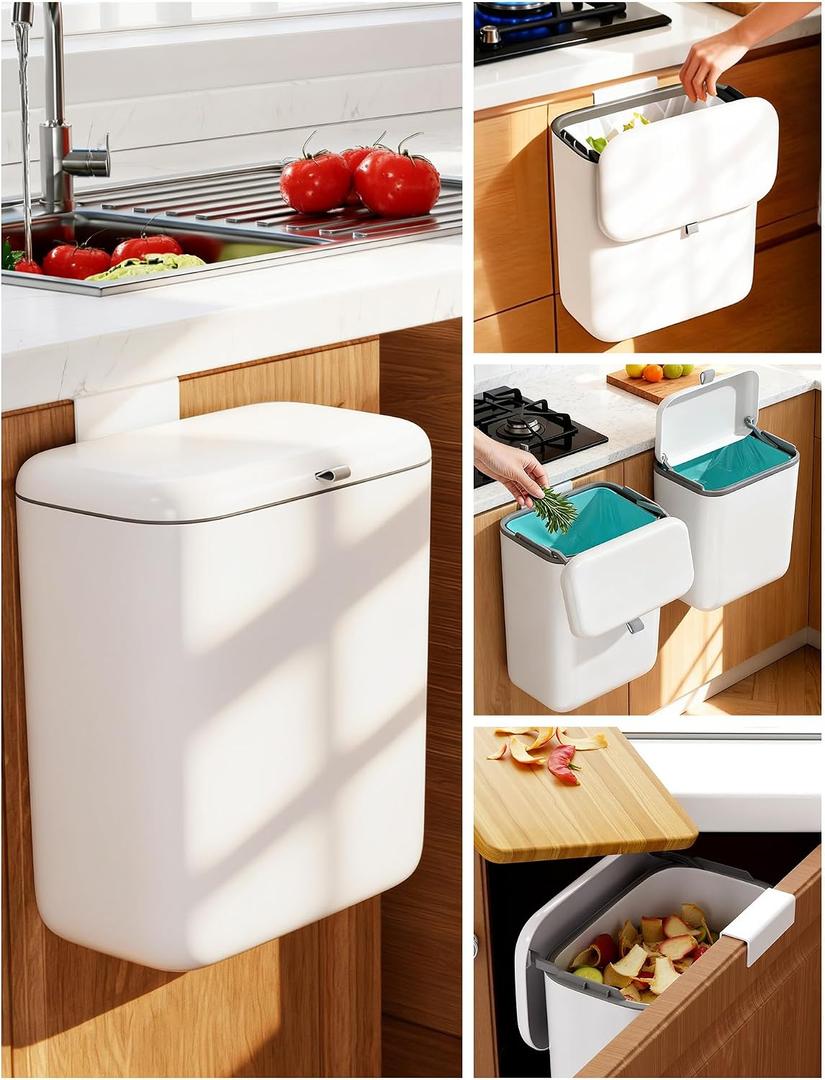 Wall Mounted Kitchen Compost Bin with Lid, Hanging Trash Can for Cabinet Door, White Plastic Food Scrap Bin for Kitchen Counter and Under Sink, 3.3 Gal