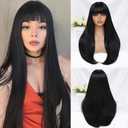 Black Wig with Bangs for Women 24 Inch Long Straight Black Wigs Synthetic Heat Resistant Wig for Daily Party Use