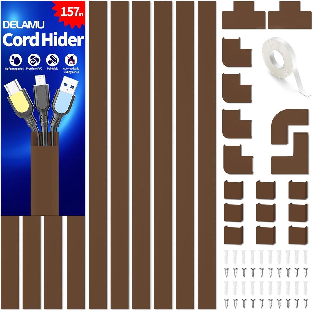 Wire Hider, 157in Delamu Cord Hider Wall, Paintable Wire Covers for Cords, TV Cable Hider Wall Kit, Cable Covers Raceway, Cable Management Hide TV Cords for Wall Mount TV, 10XL15.7 W0.95 H0.55in Brown
