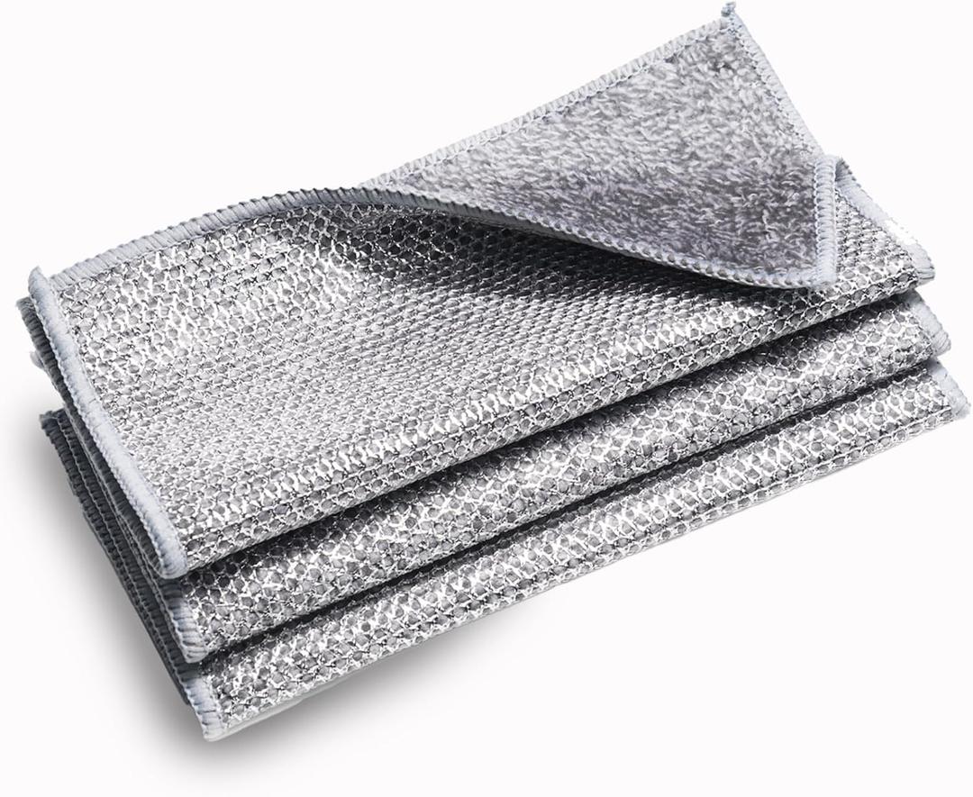5 Pcs New Upgrade Non Scratch Wire Dishcloth, 2-Layer Super Absorbent Bamboo Charcoal Dish Cloths, Reusable Multipurpose Wire Dishwashing Rags for Wet and Dry for Dishes, Sinks, Stove