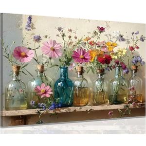 1Pcs Framed Retro Farmhouse Flowers Canvas wall art Colorful wildflowers Posters Prints Colored glass bottles Artwork Pictures Printing Wall Decor for Living Room Bedroom Bathroom Home Decoration, 24"L x 16"W