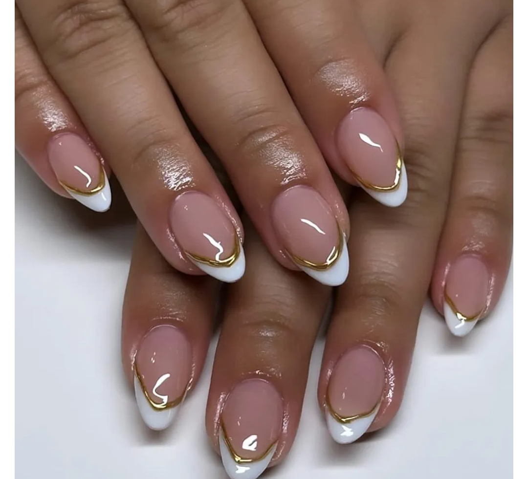Almond Press on Nails Short White French Tip Fake Nails with Chrome Gold Line Designs Glossy Full Cover Glue on Nails Almond Shape Acrylic Nails French False Nails for Women Girls Manicure 24Pcs (French Tip Fake Nails with Designs-12)