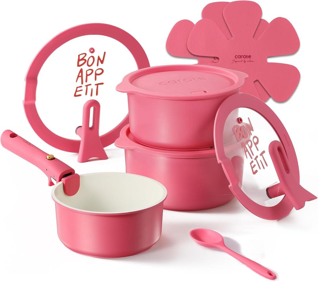 CAROTE Ceramic Sauce Pan Sets with Stand-Up Lid 2QT& 3QT & 4QT, 11 Piece NonStick Kitchen Cookware Sets with Detachable Handle, Non Toxic Cooking Pot, Oven Safe, Induction Ready, Pink
