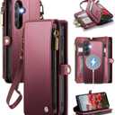 Defencase for Galaxy S25 Magnetic Wallet Case Compatible with Magsafe with RFID Blocking Zipper & Card Holder for Women Men, PU Leather Detachable Phone Case for Samsung Galaxy S25 6.2 inch, Wine Red