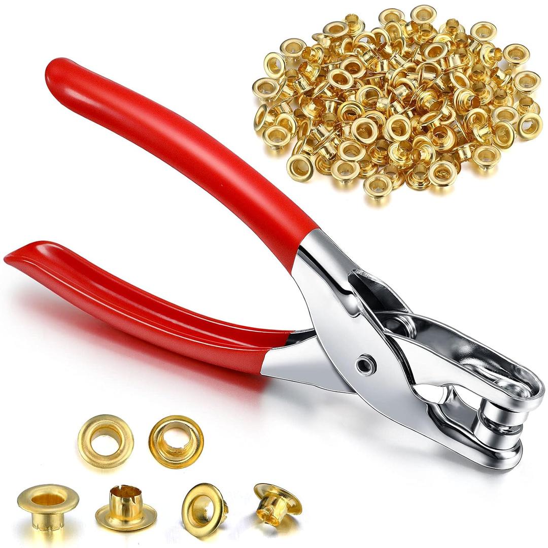 Mudder 301 Pcs Grommet Eyelet Pliers Tool Kit, Fabric Leather Hole Eyelets and Grommets Punch Pliers with 300 Metal Eyelets for Belt Shoes Cloths(1/4 Inch,Gold)