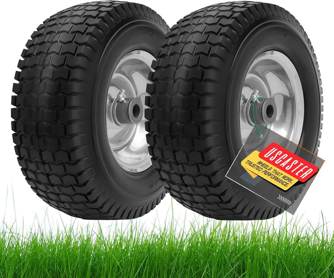 USCaster 13x5.00-6 Tire and Wheel Flat Free Assemblies (2 Pack), 13 x5x6 Solid Rubbe Tires and Wheel for Riding Lawn Mower - With 3/ 4" Bushings (Extra 5/ 8" Bushings) and 3" Centered Hub (Gray)