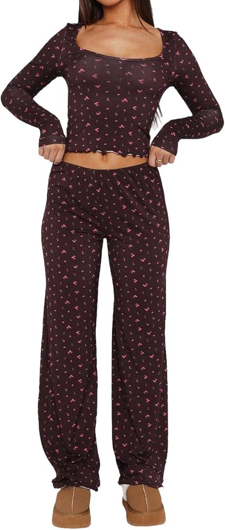 Dressmine Women Casual Pajamas Set 2 Piece PJs Sexy Square Neck Long Sleeve Tops Cute Pants Sets Srping PJ Clothes Coffee-Pink Flower,S (Brown, S)