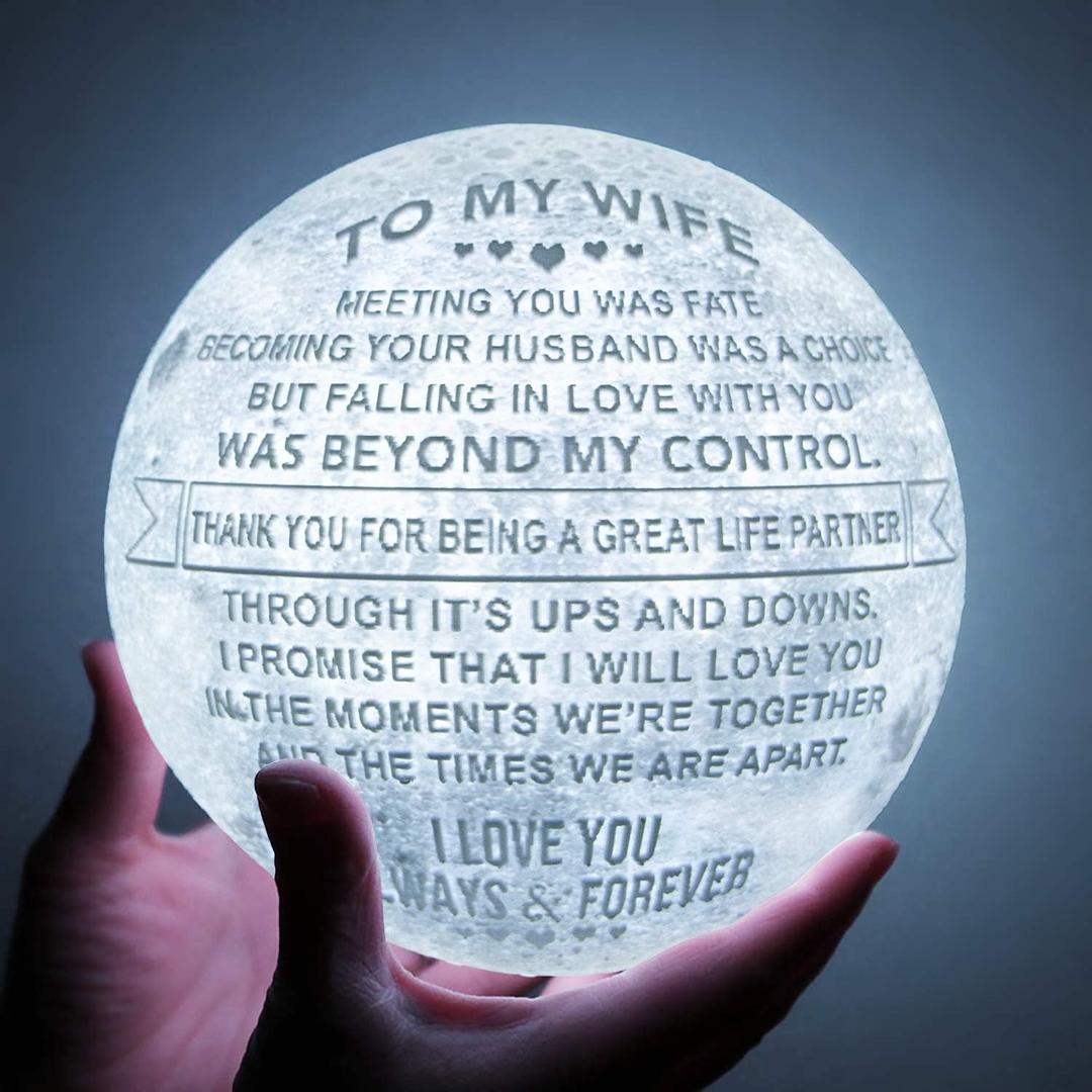Engraved 3D Moon Lamp Anniversary Valentines Gift for Wife, to My Wife Birthday Gifts from Husband, Personalized 5.9 Inch 3D Printing Moon Light Gift for Wife Mother's Day Christmas Gift
