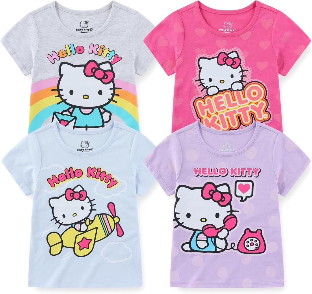 Hello Kitty Sanrio Girls 4 Pack Short Sleeve T-Shirt for Little and Big Kids, Size 10